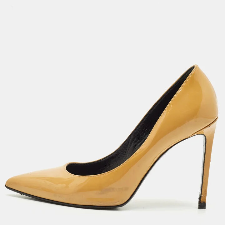 Saint Laurent Beige Patent Leather Anja Pointed Toe Pumps Size 37