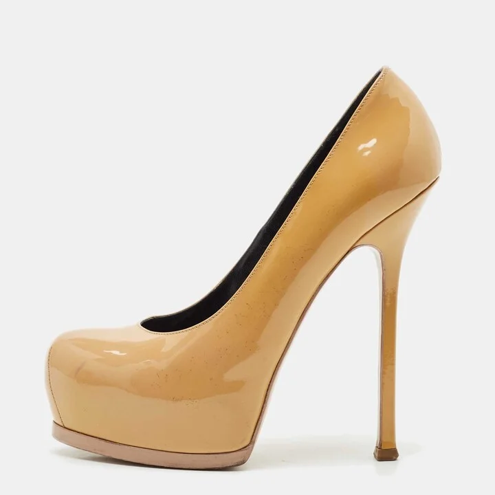 Saint Laurent Beige Patent Leather Tribtoo Platform Pumps Size 38.5