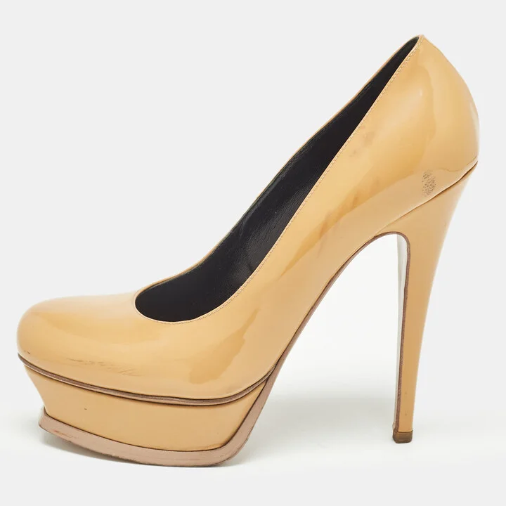 Saint Laurent Beige Patent Leather Tribtoo Platform Pumps Size 38
