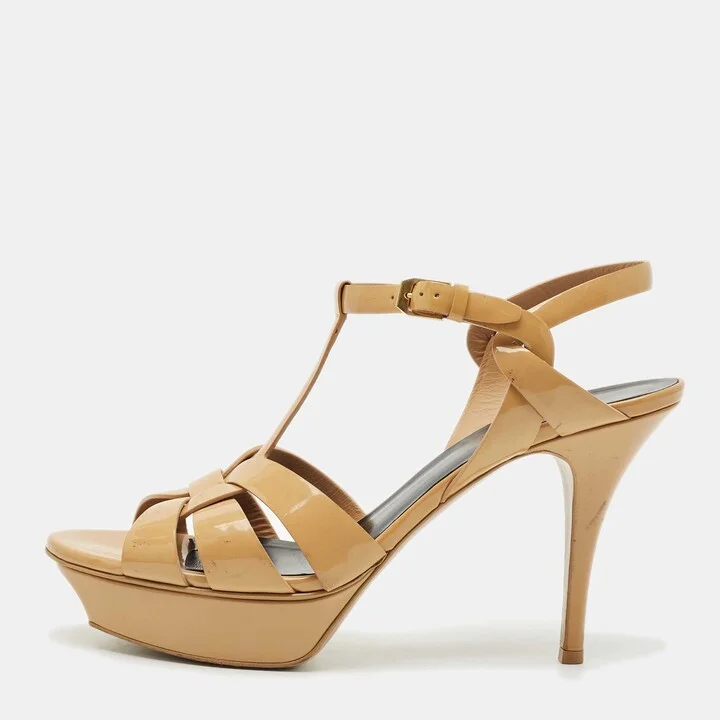 Saint Laurent Beige Patent Leather Tribute Ankle Strap Sandals Size 41.5