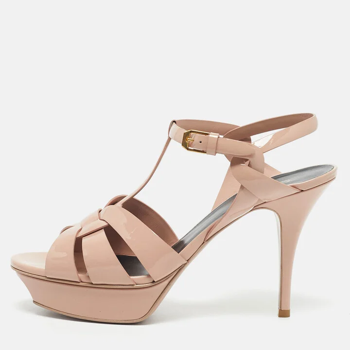 Saint Laurent Beige Patent Leather Tribute Ankle Strap Sandals Size 41