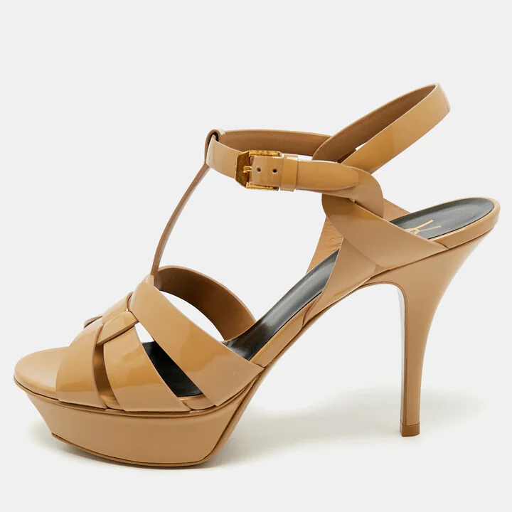 Saint Laurent Beige Patent Leather Tribute Platform Ankle Strap Sandals Size 38