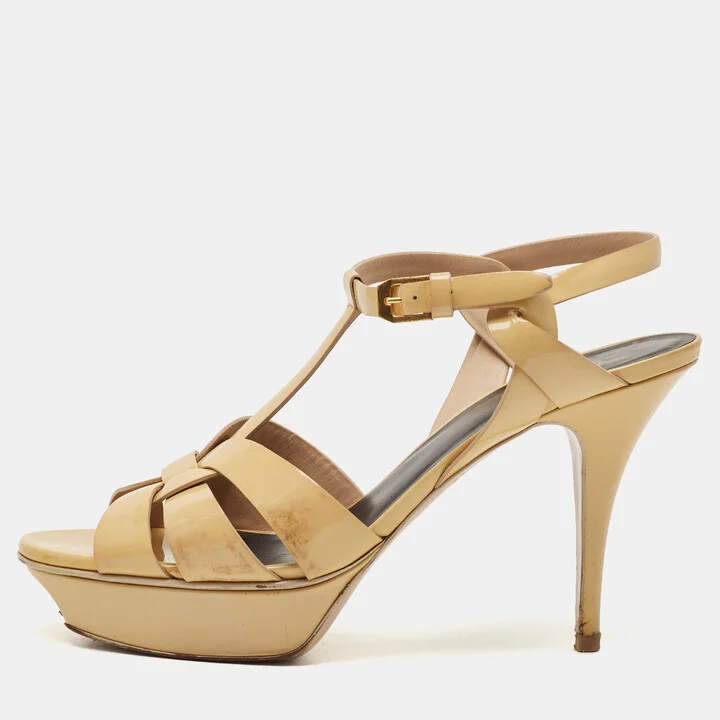 Saint Laurent Beige Patent Leather Tribute Platform Ankle Strap Sandals Size 41