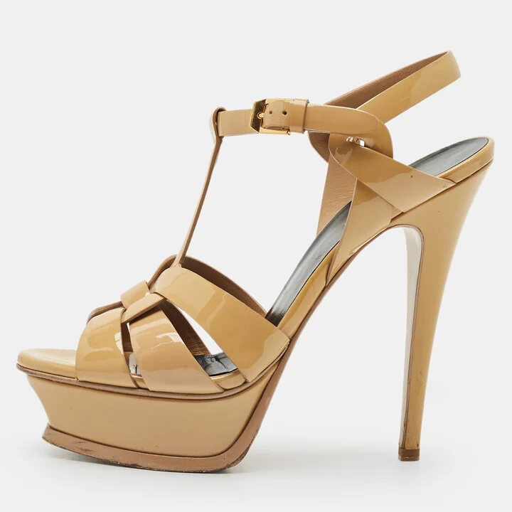 Saint Laurent Beige Patent Leather Tribute Platform Sandals Size 36.5