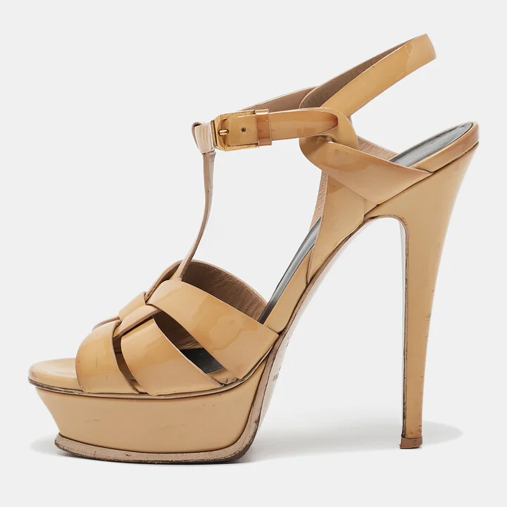 Saint Laurent Beige Patent Leather Tribute Platform Sandals Size 36