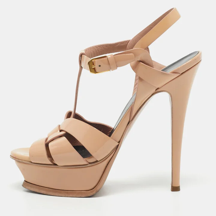 Saint Laurent Beige Patent Leather Tribute Platform Sandals Size 36