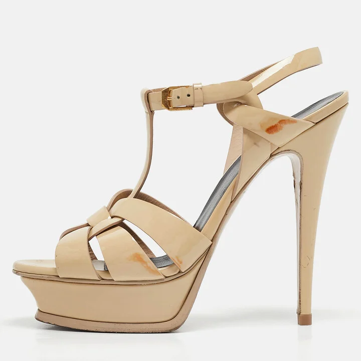 Saint Laurent Beige Patent Leather Tribute Sandals Size 39