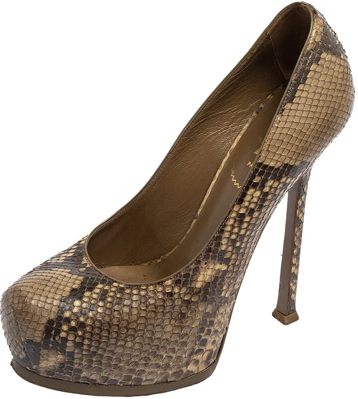 Saint Laurent Beige Python Tribtoo Platform Pumps Size 38