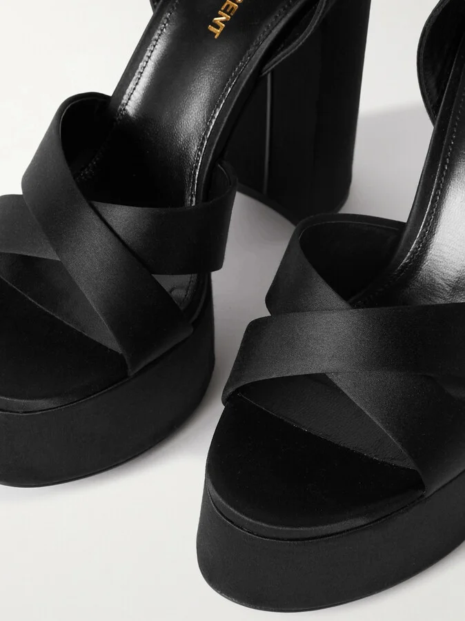 SAINT LAURENT - Bianca Embellished Satin Platform Sandals - Black - Image 4