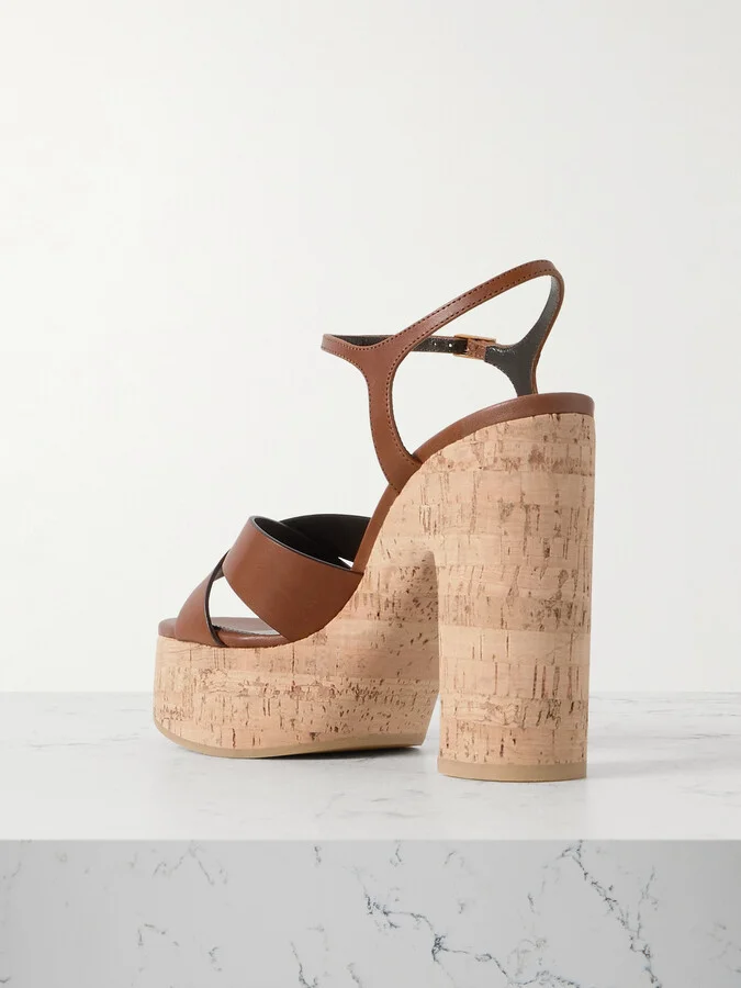 SAINT LAURENT - Bianca Leather Platform Sandals - Brown - Image 3