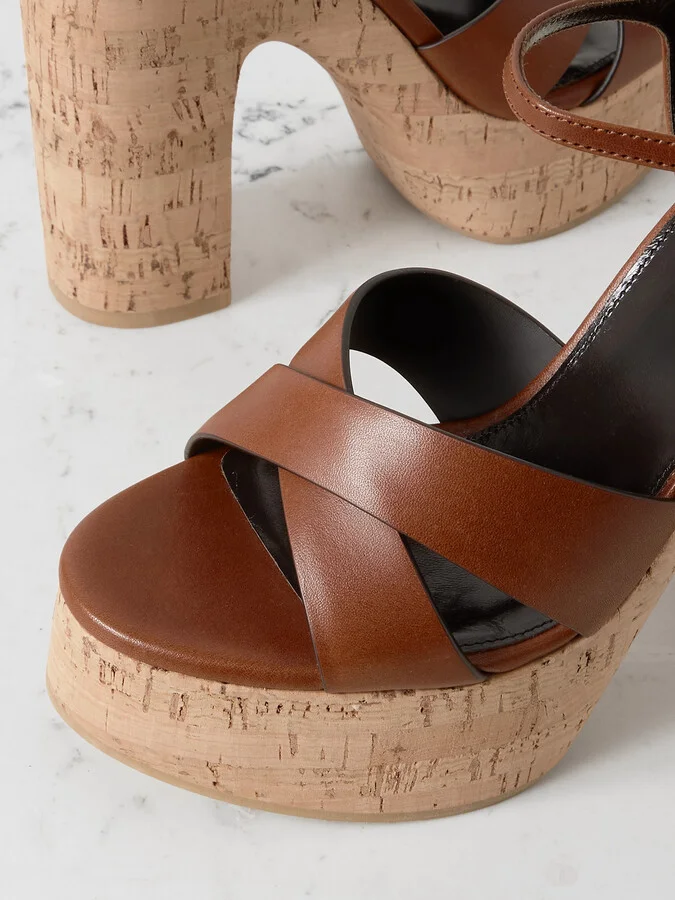 SAINT LAURENT - Bianca Leather Platform Sandals - Brown - Image 4