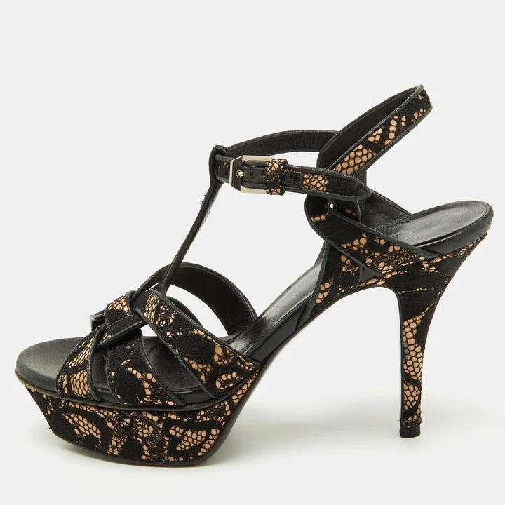 Saint Laurent Black/Beige Floral Lace and Leather Tribute Platform Sandals Size 36.5