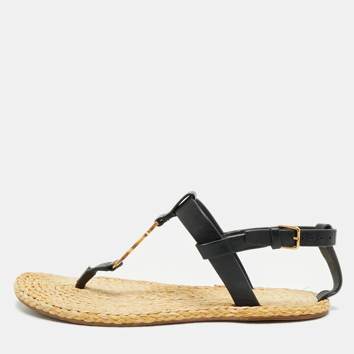 Saint Laurent Black/Beige Leather and Raffia Cassandra Thong Sandals Size 37