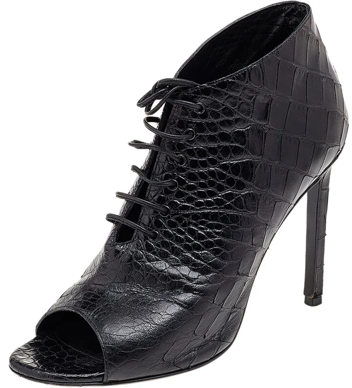 Saint Laurent Black Croc Embossed Leather Peep Toe Ankle Booties Size 37.5