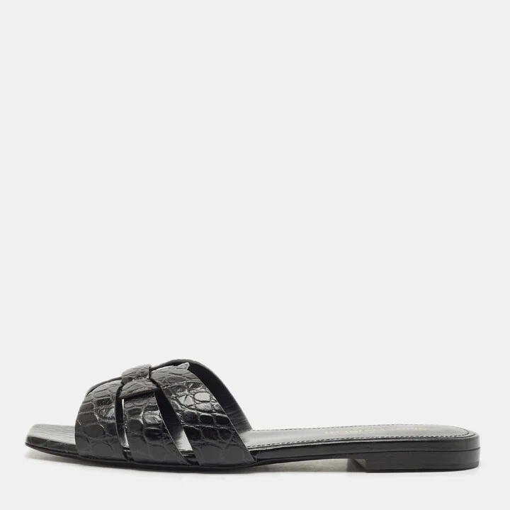 Saint Laurent Black Croc Embossed Leather Tribute Flat Slides Size 36.5