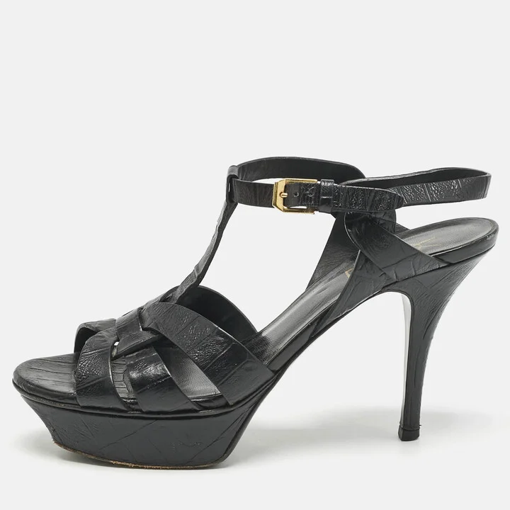 Saint Laurent Black Croc Embossed Leather Tribute Platform Sandals Size 37.5