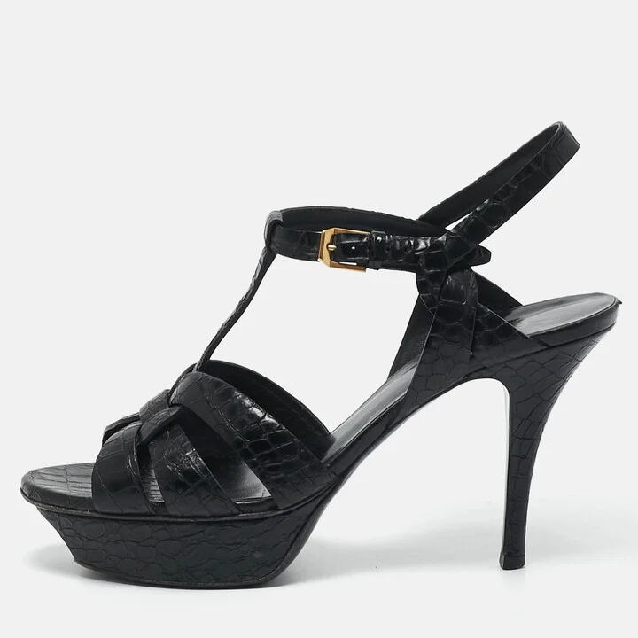 Saint Laurent Black Croc Embossed Leather Tribute Platform Sandals Size 38.5