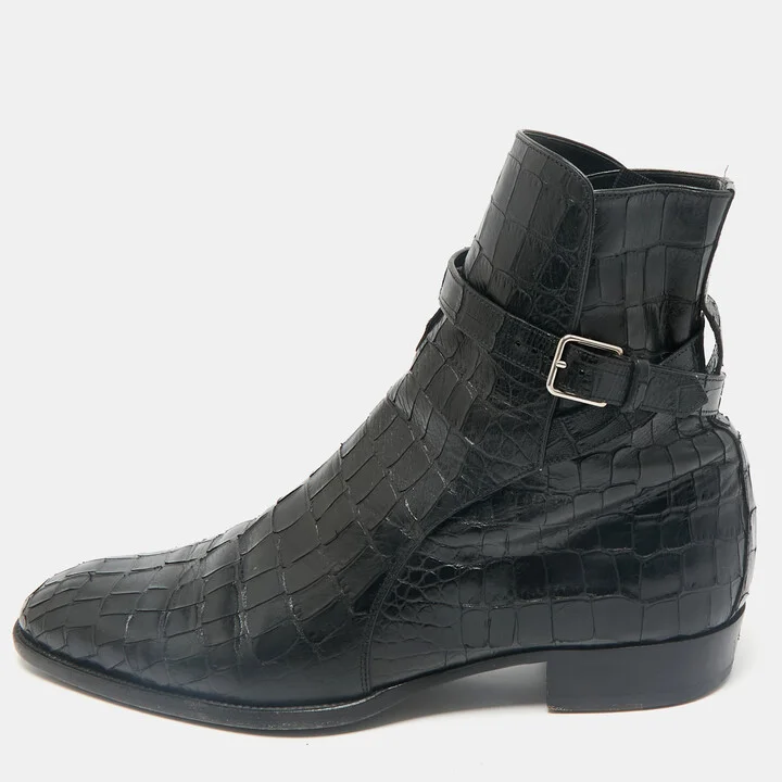 Saint Laurent Black Croc Embossed Leather Wyatt Ankle Length Boots Size 41.5