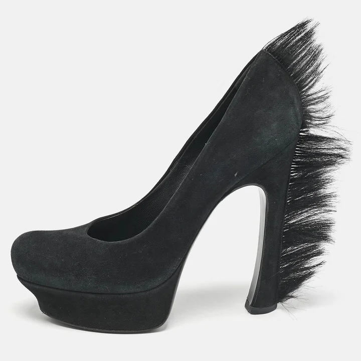 Saint Laurent Black Fur and Suede Platform Pumps Size 39
