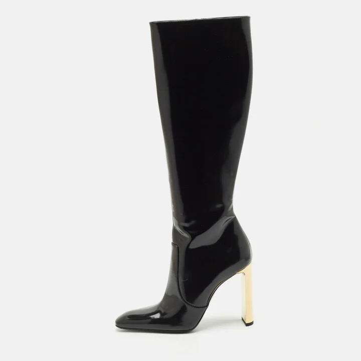 Saint Laurent Black Glazed Leather Auteuil Knee Length Boots Size 40