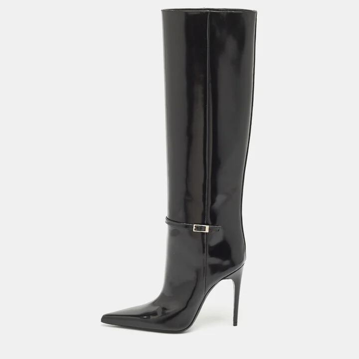 Saint Laurent Black Glazed Leather Vendome Knee Length Boots Size 39
