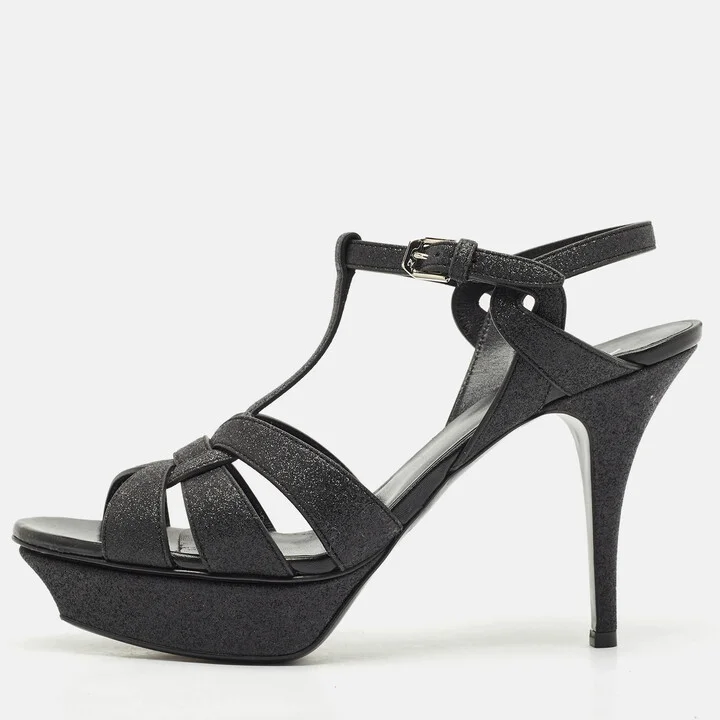 Saint Laurent Black Glitter and Suede Tribute Platform Sandals Size 41