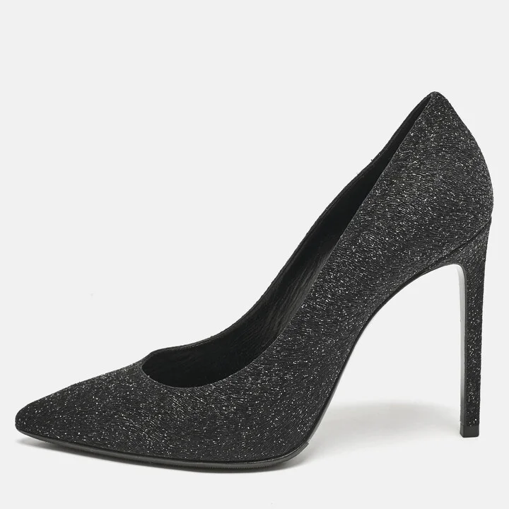 Saint Laurent Black Glitter and Textured Leather Pointed Toe Pumps Size 38