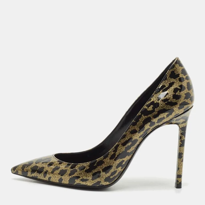Saint Laurent Black/Gold Animal Print Patent Leather Anja Pointed Toe Pumps Size 38