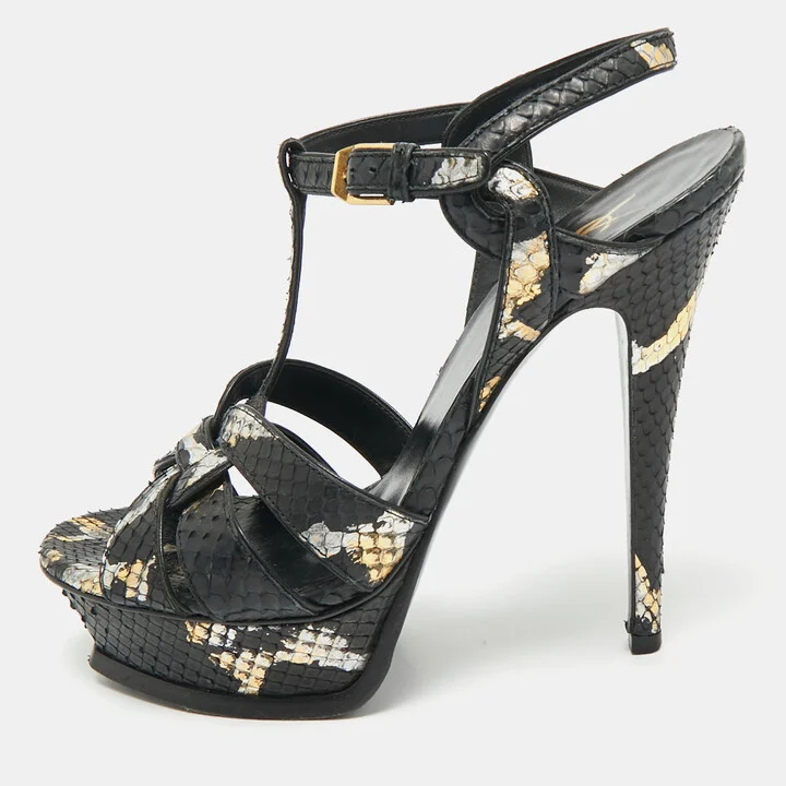 Saint Laurent Black/Gold Snakeskin Tribute Platform Sandals Size 37.5