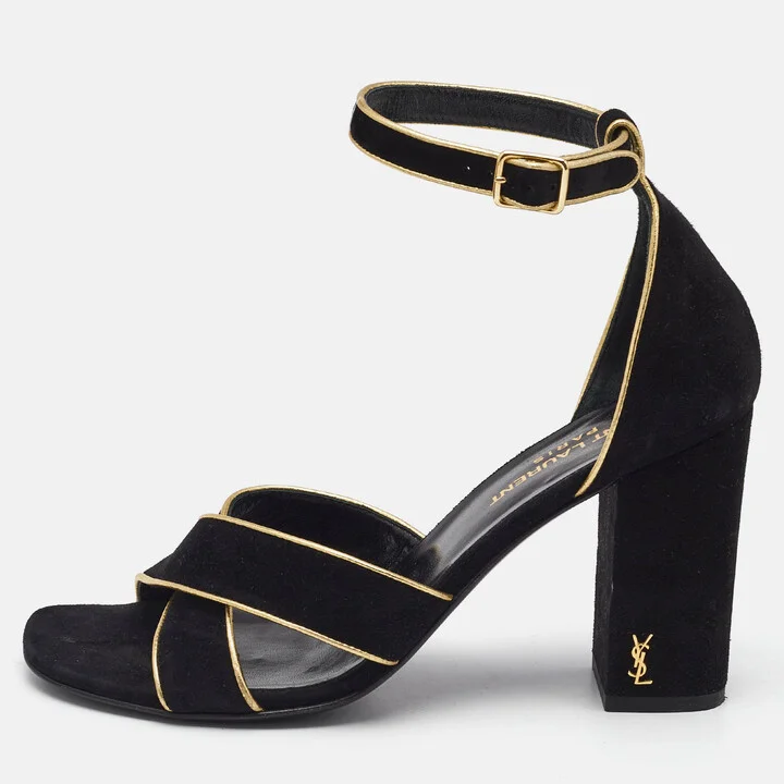 Saint Laurent Black/Gold Suede and Leather Ankle Strap Sandals Size 37.5