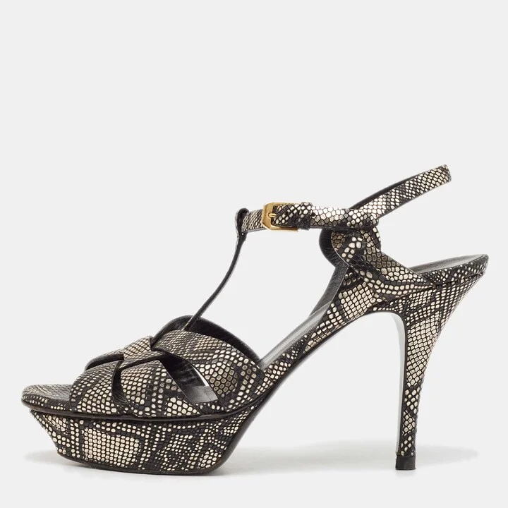 Saint Laurent Black/Gold Textured Leather Tribute Sandals Size 39.5