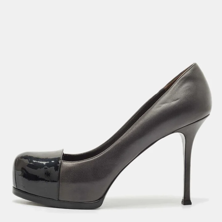 Saint Laurent Black/Grey Leather And Patent Tribtoo Platform Pumps Size 41