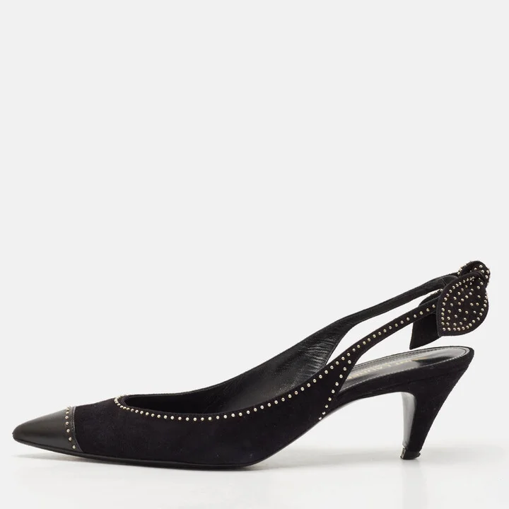 Saint Laurent Black Leather and Suede Charlotte Studded Slingback Pumps Size 39.5