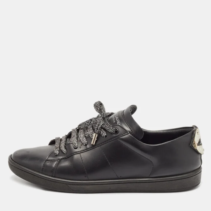 Saint Laurent Black Leather Ayers Signature Court Lips Sneakers Size 37