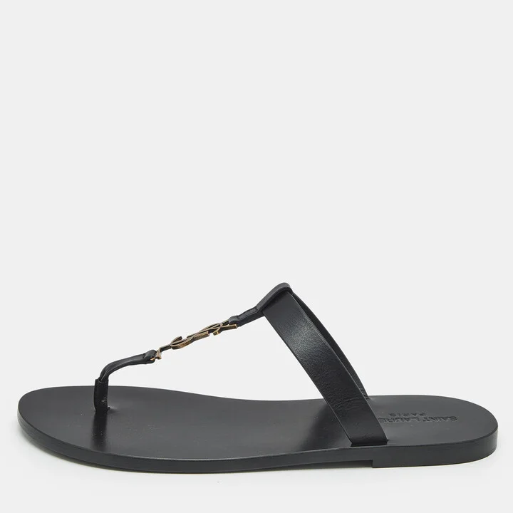 Saint Laurent Black Leather Cassandre Thong Flats Size 45