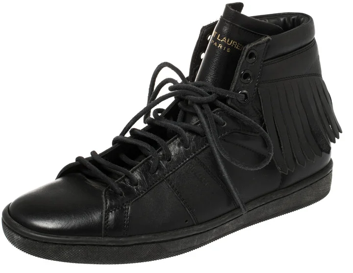 Saint Laurent Black Leather Classic Court Fringe Sneakers Size 36