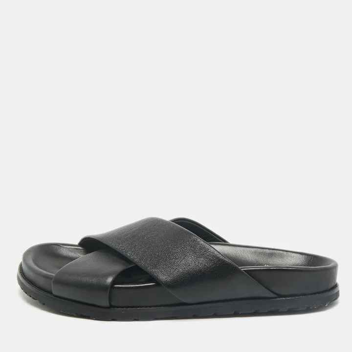 Saint Laurent Black Leather Crisscross Flat Slides Size 39