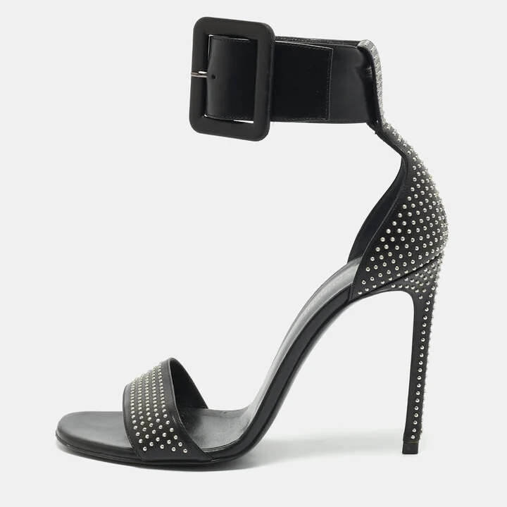 Saint Laurent Black Leather Embellished Ankle Strap Sandals Size 39.5