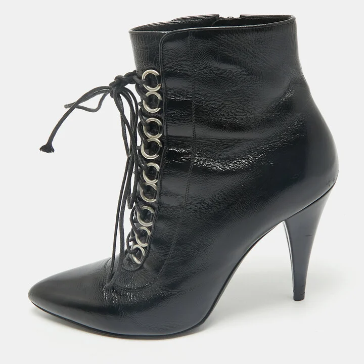 Saint Laurent Black Leather Fetish Ankle Booties Size 37.5