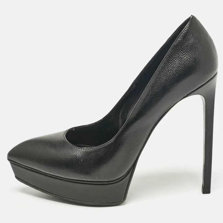 Saint Laurent Black Leather Janis Pointed Toe Platform Pumps Size 37.5