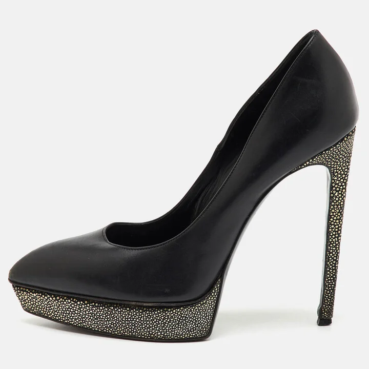 Saint Laurent Black Leather Janis Pointed Toe Platform Pumps Size 40