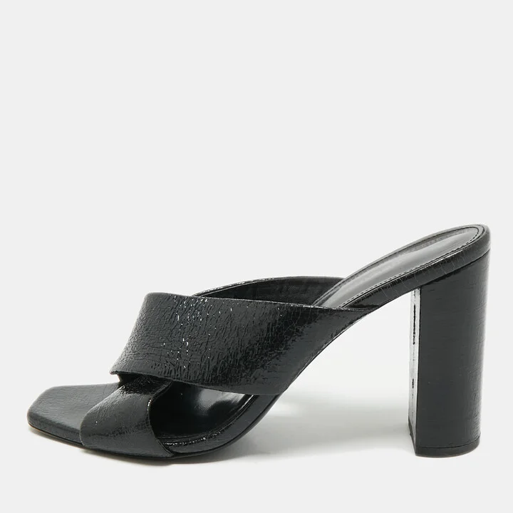 Saint Laurent Black Leather Loulou Criss Cross Block Heel Sandals Size 40