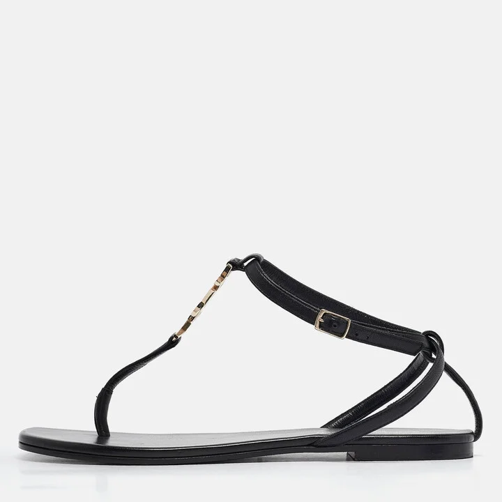 Saint Laurent Black Leather Monogram T Strap Flats Size 36.5