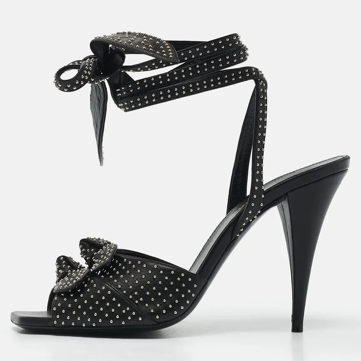 Saint Laurent Black Leather Pearls Embellished Ankle Wrap Sandals Size 40