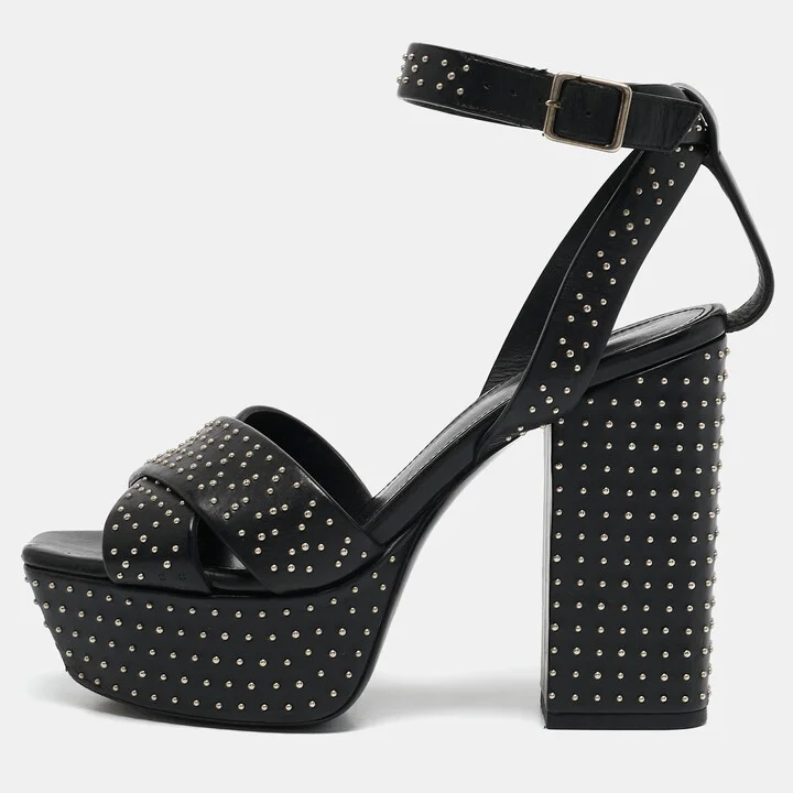Saint Laurent Black Leather Studded Farrah Criss Cross Platform Sandals Size 36