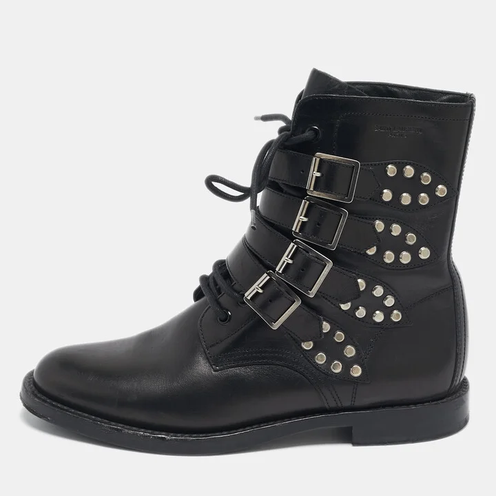 Saint Laurent Black Leather Studded Rangers Ankle Boots Size 40
