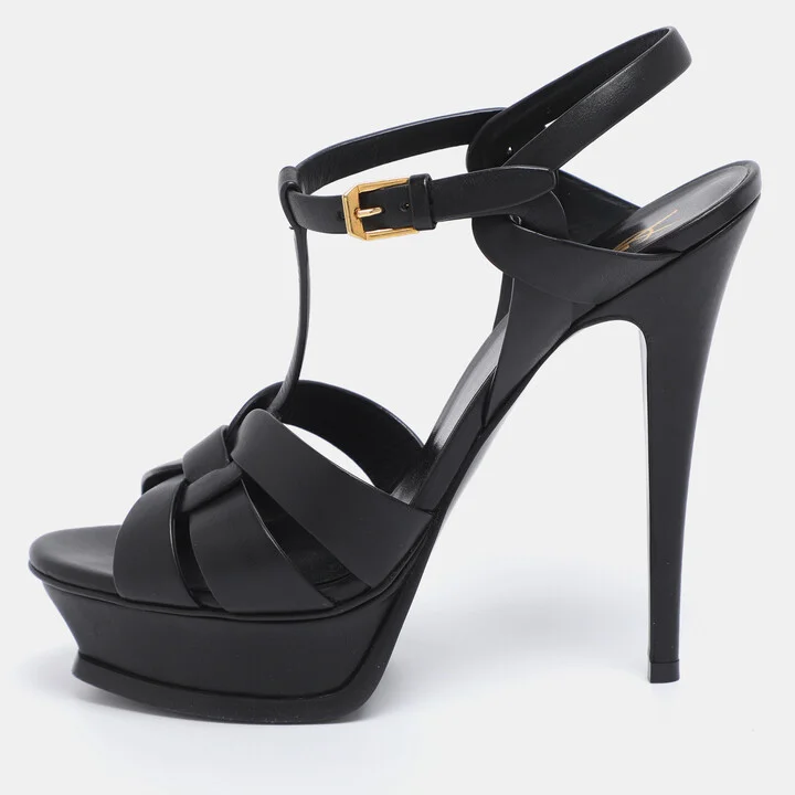 Saint Laurent Black Leather Tribute Ankle Strap Sandals Size 38.5