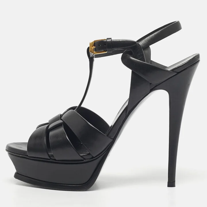 Saint Laurent Black Leather Tribute Ankle Strap Sandals Size 39.5