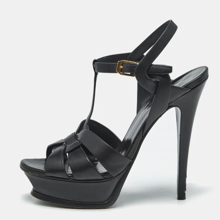 Saint Laurent Black Leather Tribute Platform Sandals Size 37.5