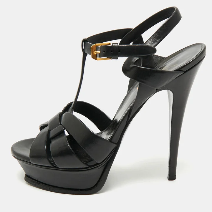 Saint Laurent Black Leather Tribute Platform Sandals Size 38